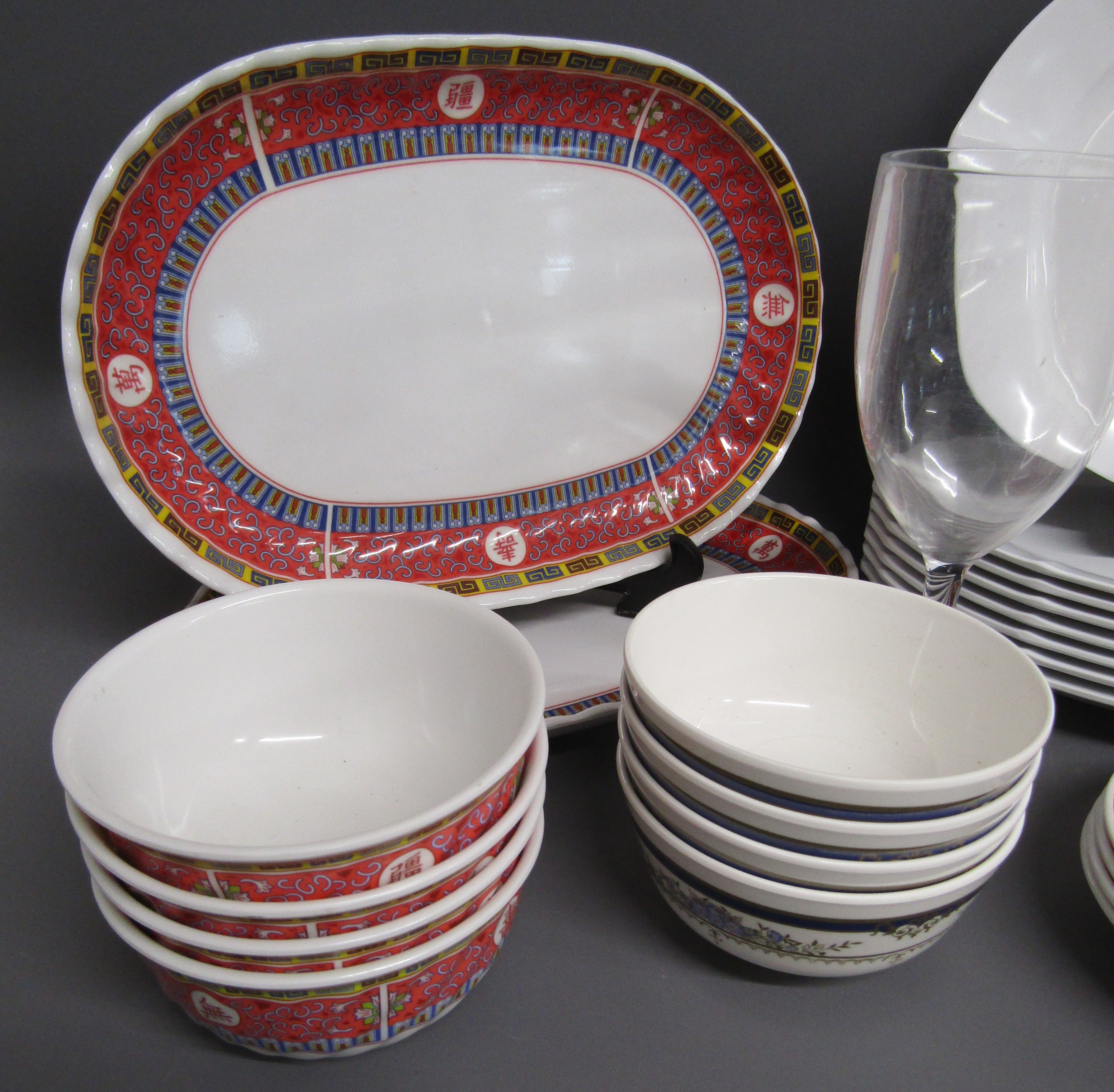 Collection of plastic table ware includes Oriental design Fataco plates and bowls, white melamine - Image 2 of 4