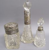 3 glass scent bottles - 2 with silver collars and one with silver lid