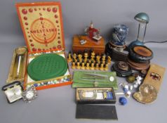 Collection of items includes Hamburg Germany travel clock, first impressions side table quartz