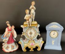 Capodimonte cherub clock , Wedgwood jasperware Millennium clock & a Lena Liu figurine