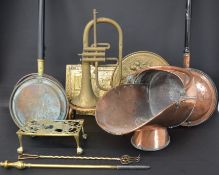 Salvation Army trumpet, copper coal scuttle, 3 copper warming pans, 2 decorative trivets etc.