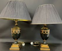 Near pair of classical form gilded table lamps with shades