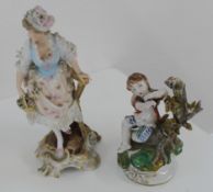 Two Continental porcelain figurines: young girl carrying flower basket with lace work (some
