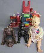 3 vintage dolls and Vulcan Senior sewing machine - Made in England 535811 white doll and 2 black