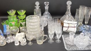 Selection of glassware including 1930s lead crystal dressing table set, cut glass decanters &