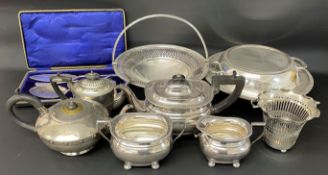 Silver plate tea set, Arts & Crafts silver plate teapot, entrée dish etc