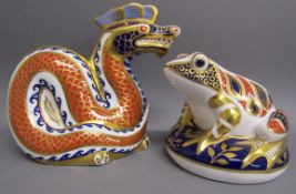 Royal Crown Derby Chinese dragon and frog on lily pad paperweights