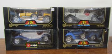 4 boxed Burago cars 3012 Bugatti Grand-Prix (1935) - 3008 Alfa Romeo 2300 Spider (1932) - 3005