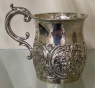 Silver Christening tankard with repousse decoration,  monogram & dated 1908, 4.0ozt Chester 1906