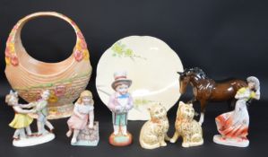 Royal Doulton chestnut horse, selection of figurines, Woods Ivory Ware hand-painted cake stand &