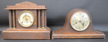 Ansonia oak cased clock with ornamental columns & early twentieth century oak cased clock