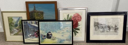Watercolour landscape, oil on board of a church, 2 Giles prints, a botanical print & an Edwardian