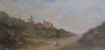 Framed oil on canvas of mother and child walking along the lane, signed to lower right HC 93 -