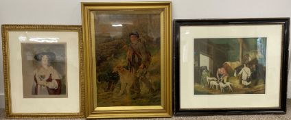 3 framed prints: a stable scene, gamekeeper & a young women