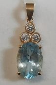 Tested as possibly 14k gold aquamarine & diamond pendant, 3.66g (aquamarine 10mm x 15mm)