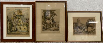 2 hand coloured etchings of village scenes & a continental street scene