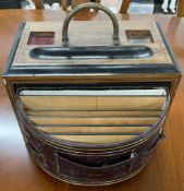 Victorian walnut veneer stationery & inkstand box with rotating demi lune compartment
