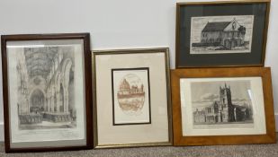 4 framed ecclesiastical prints: St Martins Stamford, St Leonard's Chapel Stamford, Bourne Abby &