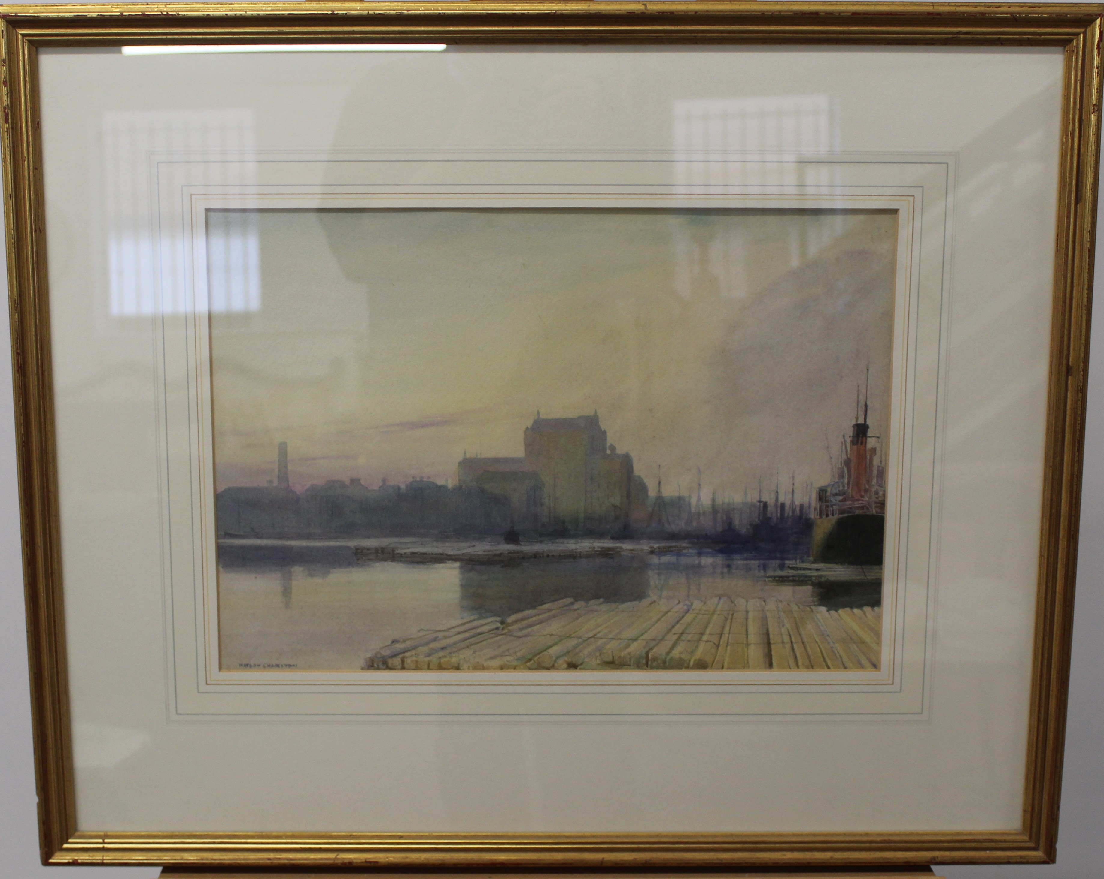 Framed watercolour depicting quay side with moored boats, by Watson Charlton 74cm x 61cm - Image 2 of 2