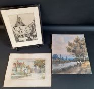 Mounted watercolour depicting thatch cottages signed H W Robb, watercolour depicting Nuns by a river