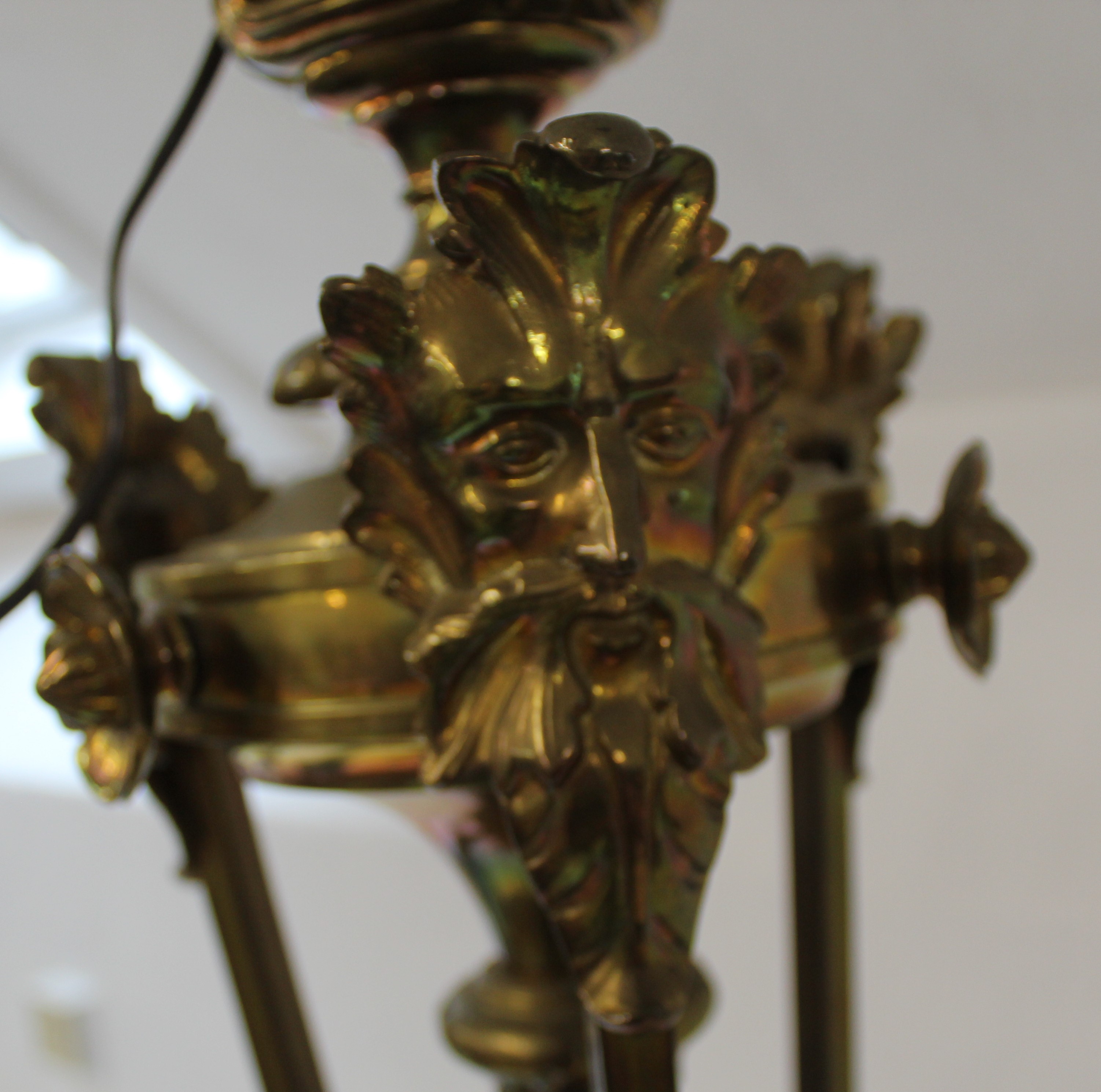 Large ornate brass ceiling light and shades, one shade broken. - Image 4 of 6