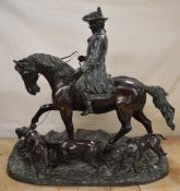 Large bronze figural group of gentleman on horse back with three hounds on naturalistic base after