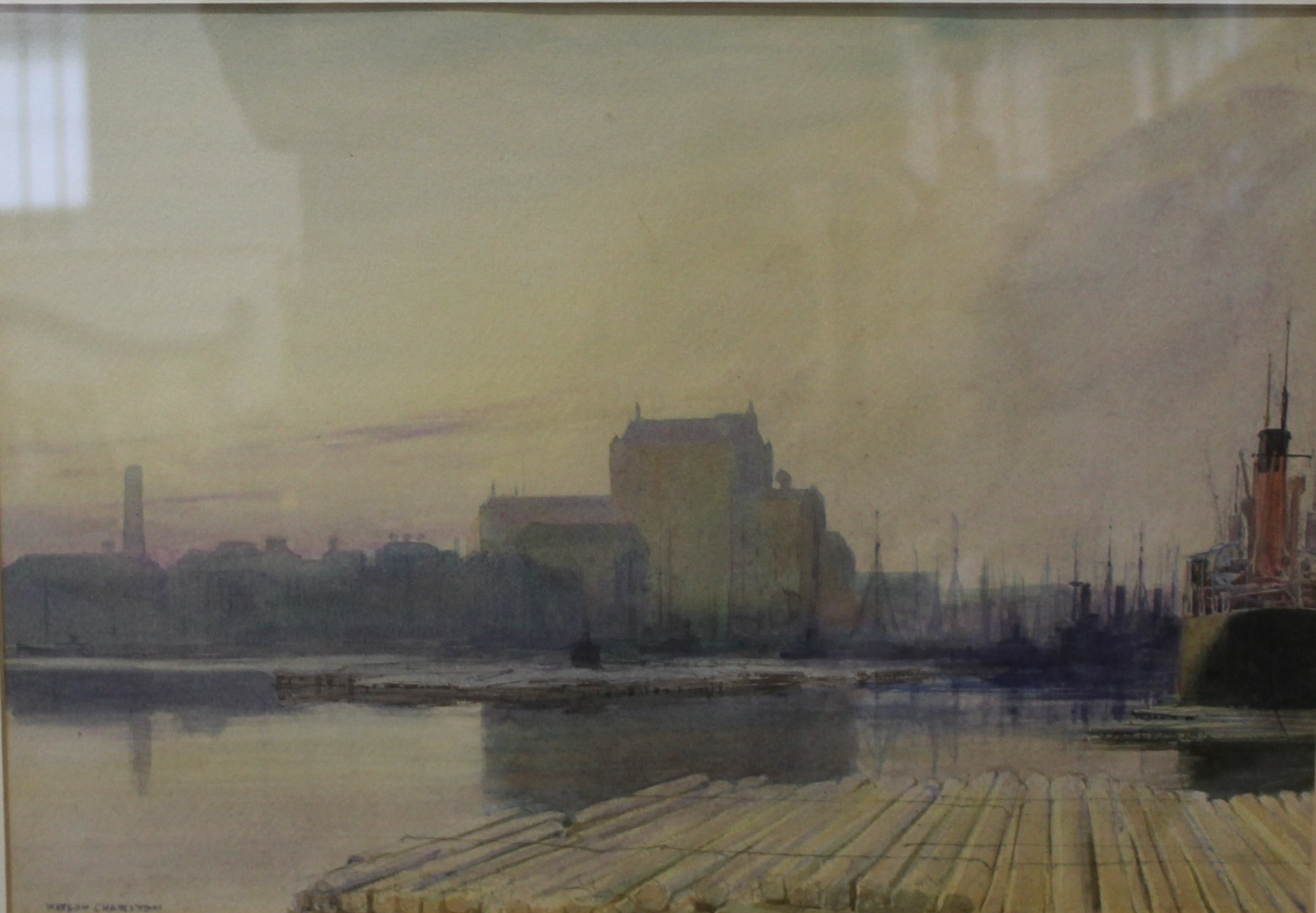 Framed watercolour depicting quay side with moored boats, by Watson Charlton 74cm x 61cm