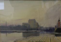 Framed watercolour depicting quay side with moored boats, by Watson Charlton 74cm x 61cm