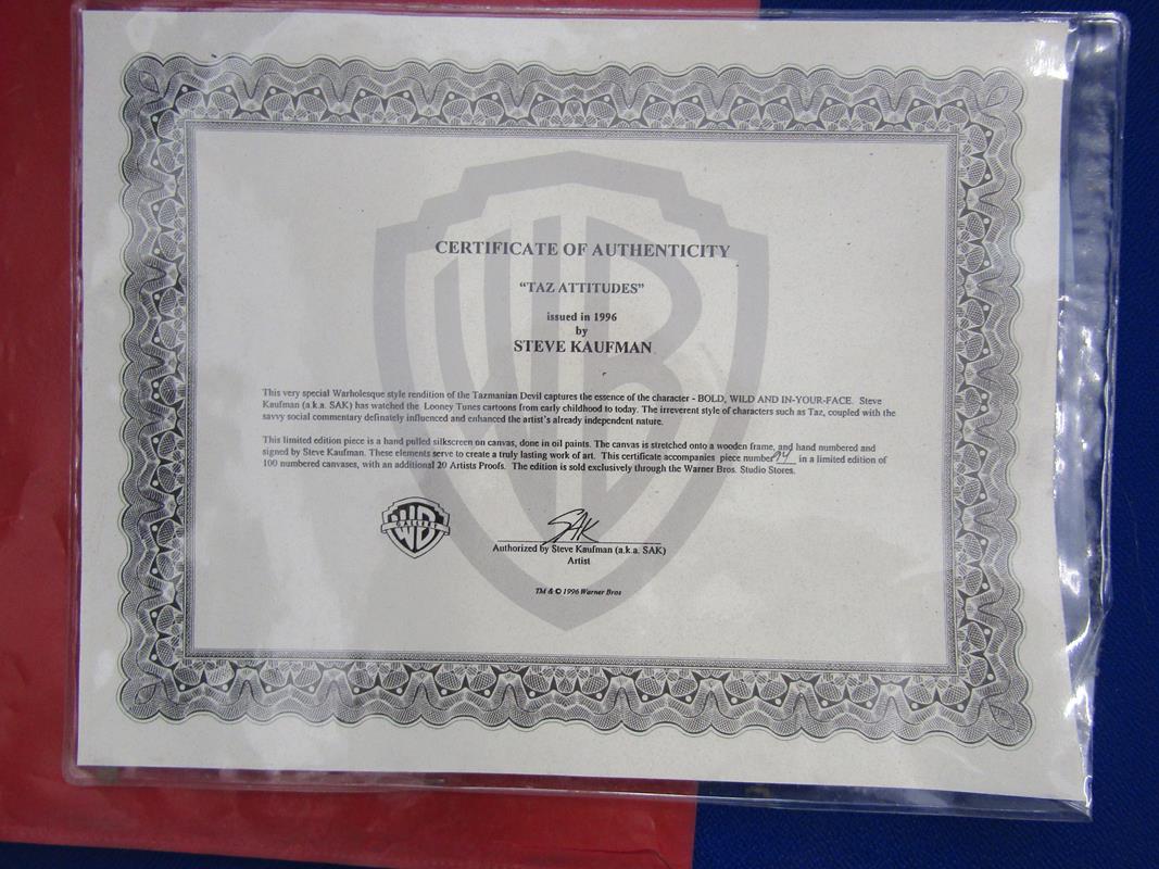 'Taz Attitudes' Limited Edition 94/100 Steve Kaufman aka 'SAK' hand pulled screen print with oils on - Image 5 of 5