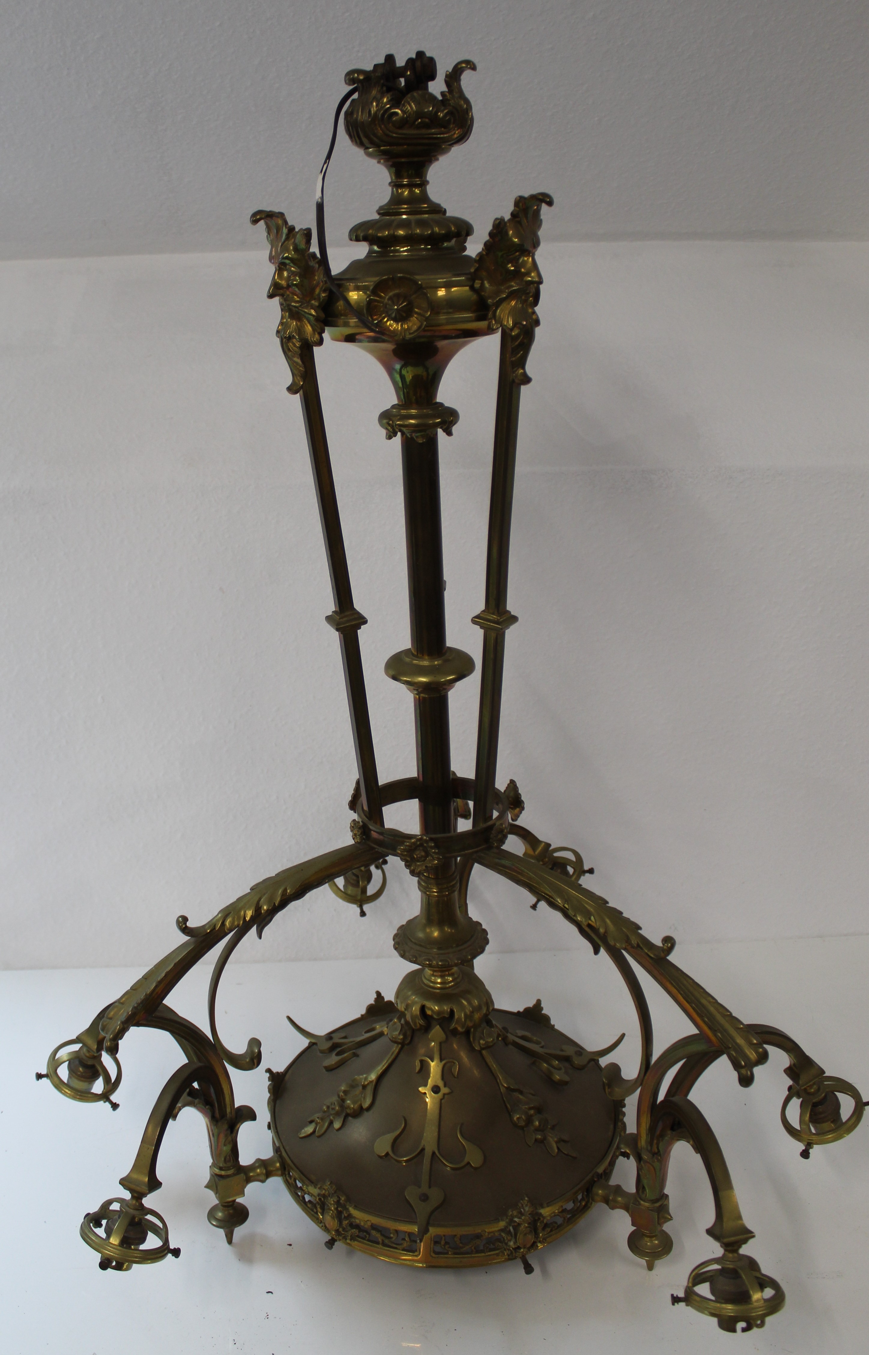 Large ornate brass ceiling light and shades, one shade broken. - Image 2 of 6