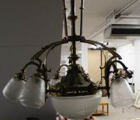 Large ornate brass ceiling light and shades, one shade broken.