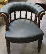 Green Leather spindle and button back office chair, formerly owned by Dr Drake of Louth