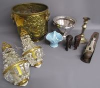 Brass coal bucket/planter, pair of wall lights with glass drops, Stanley plane, silver plate etc