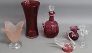 Glassware including cranberry glass vases, jug and a swan