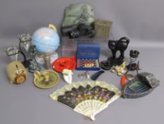 Collection of items includes top Watkins Time tank, cast cat door stop, travelling chess, candle