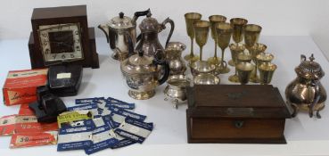 Selection of silver plate, Art Deco clock, cigar box, Viewmaster with additional light source and