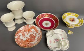 Minton gilded bowl, Royal Crown Derby raised dish, Royal Worcester tazza (damaged) with hand painted