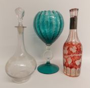 Ruby flash glass decanter with etched grapevine decoration & metal collar, duck egg blue stemmed