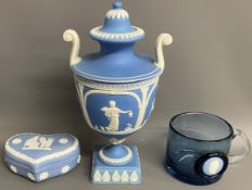 Adams jasperware lidded vase, Wedgwood trinket pot & a hand made beaker with inset jasperware