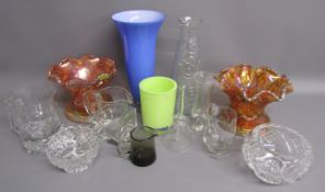 Collection of glassware includes Carnival glass, crystal bowls etc