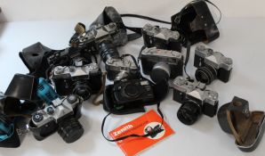 Collection of cameras to include Prinzflex Super TTL with 55 mm lens, 3 of Zenit E with 50mm