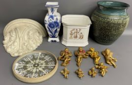 Studio pottery vase, jardinière depicting classical figures, Delft vase etc