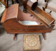 Wooden cot / crib, doll's wooden cot & small mahogany box with crewel work lid