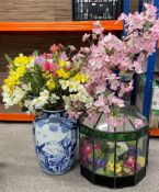 Large Chinese blue & white vase with faux flowers & a leaded glass case with faux flowers