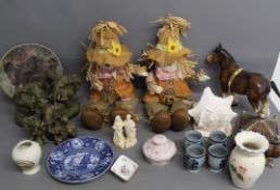 2 scarecrow figures, ceramics including vases, figures, cups, jars and a Spode tray, elephant