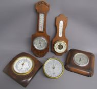 Brass ships barometer and 4 wooden barometers