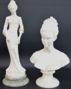 Arnaldo Gianncelli alabaster bust of a lady (25cm H) & full length Victorian lady (31cm H)