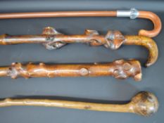 Three carved wooden walking sticks & walking stick with folding leather covered handle / seat,