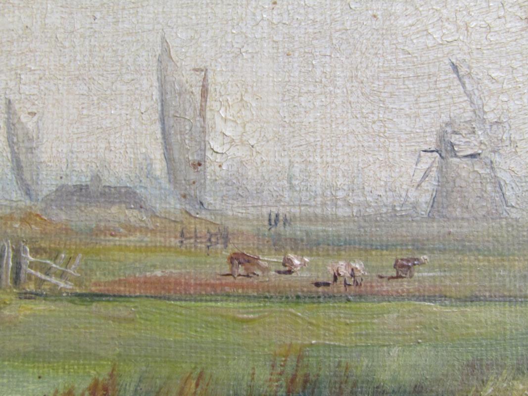 Framed C F Rump oil on canvas with windmills, boats and sheep on a country lane - approx. 62cm x - Image 5 of 6
