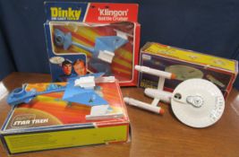 3 Dinky die cast boxed Star Trek toys, U.S.S Enterprise and 2 Klingon Battle cruisers with bullets